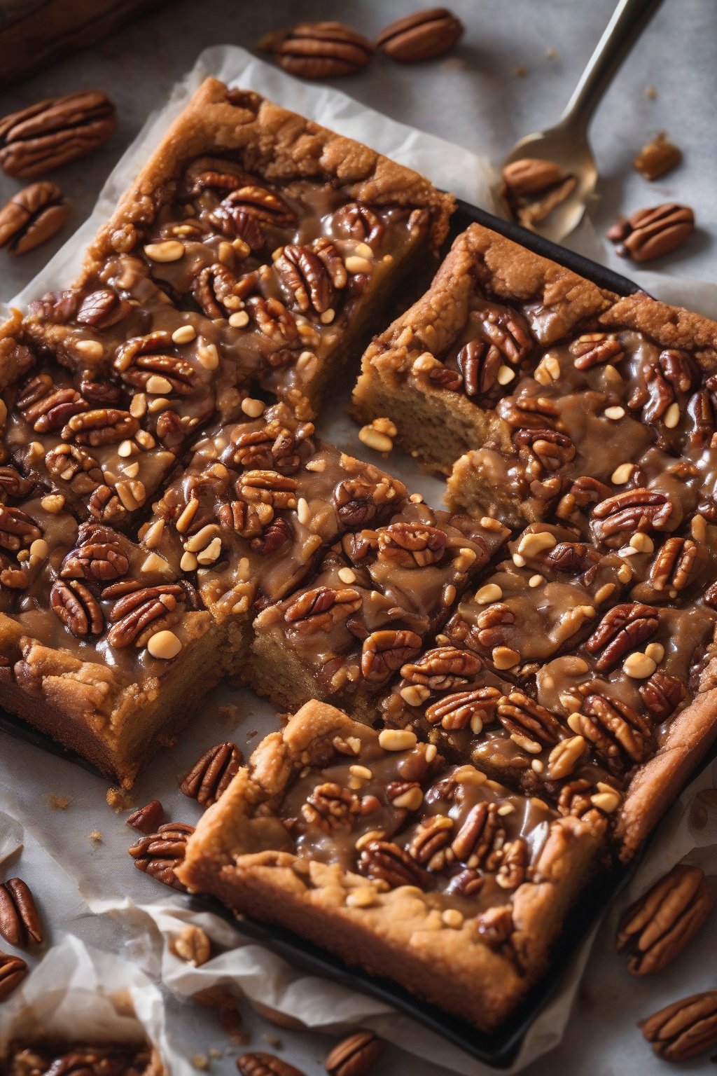 A high-resolution photo of pecan praline chewy blondies topped with caramelized nuts, in a rustic pan, under soft lighting.