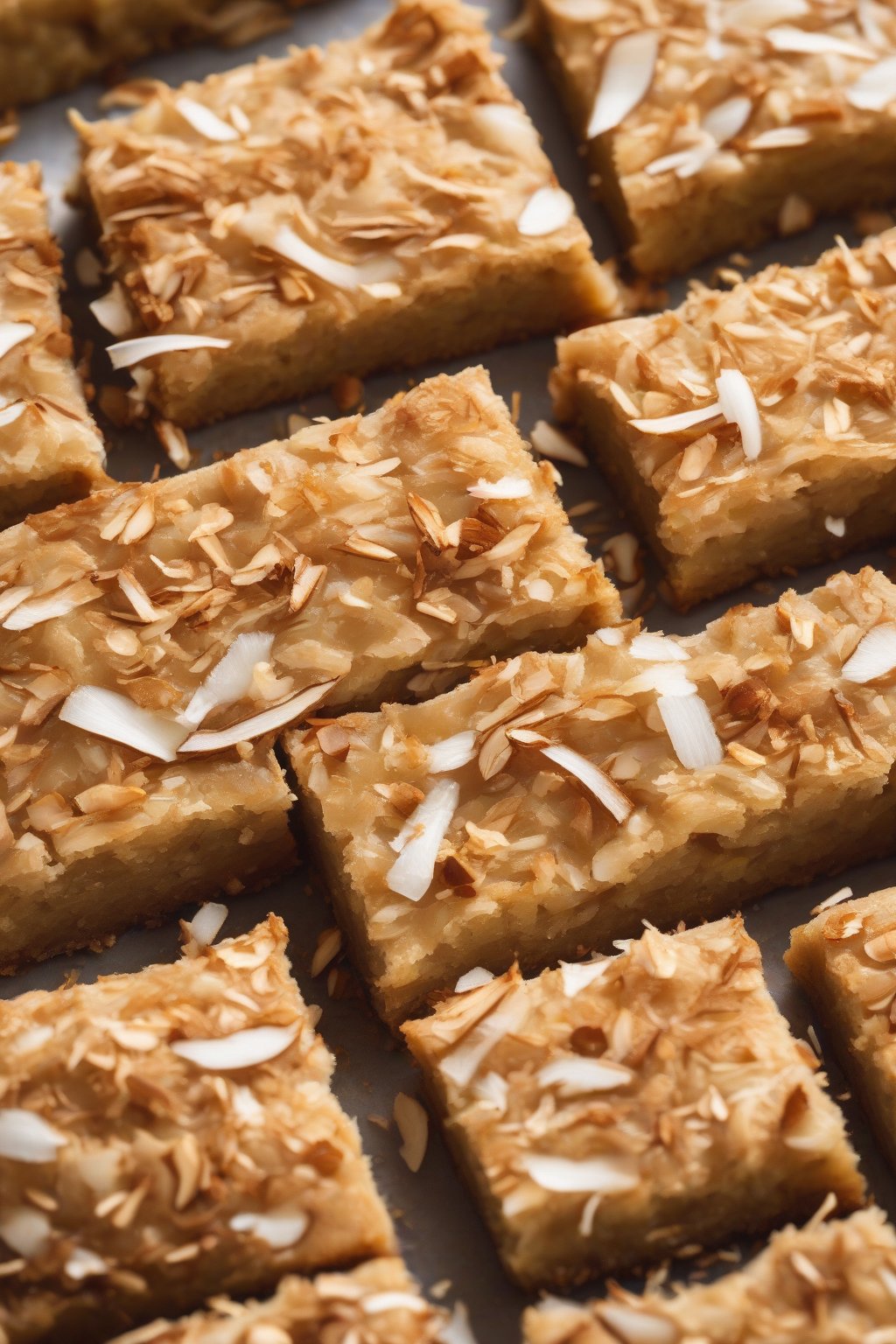 A high-resolution photo of coconut dream chewy blondies with golden toasted coconut topping, close-up slice, under soft lighting.