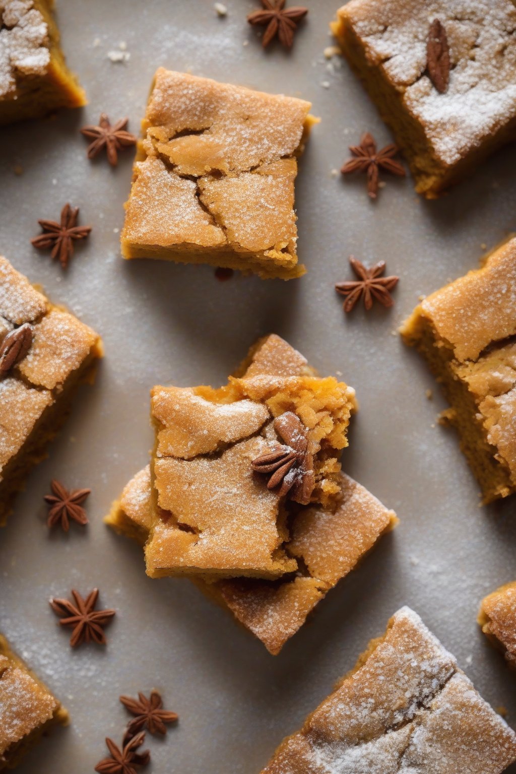 A high-resolution photo of pumpkin spice chewy blondies with warm orange hues and spices, dusted with powdered sugar, under soft lighting.