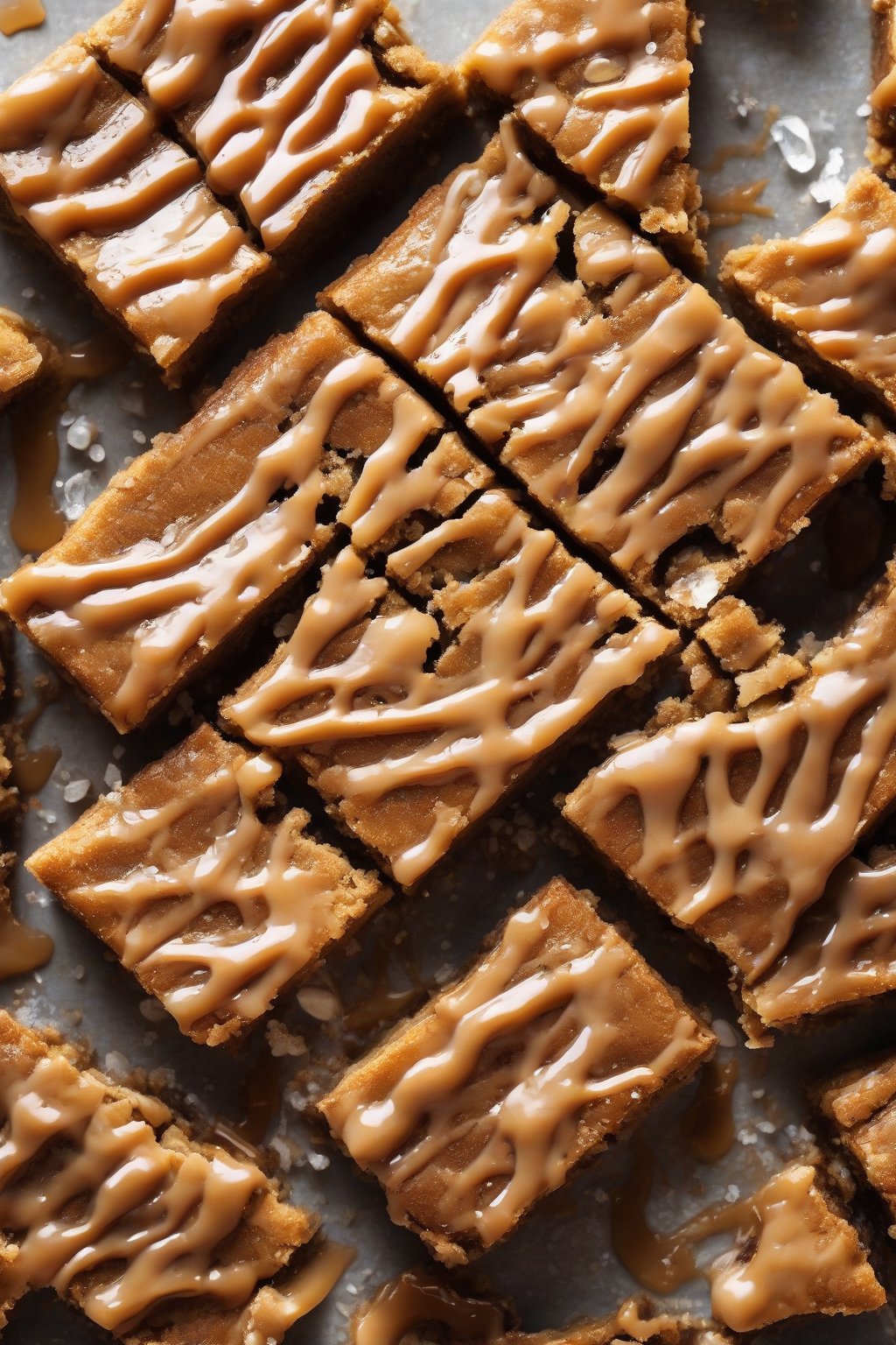 A high-resolution photo of salted caramel chewy blondies with gooey drizzles and flaky salt, pulled apart to show chew, under soft lighting.