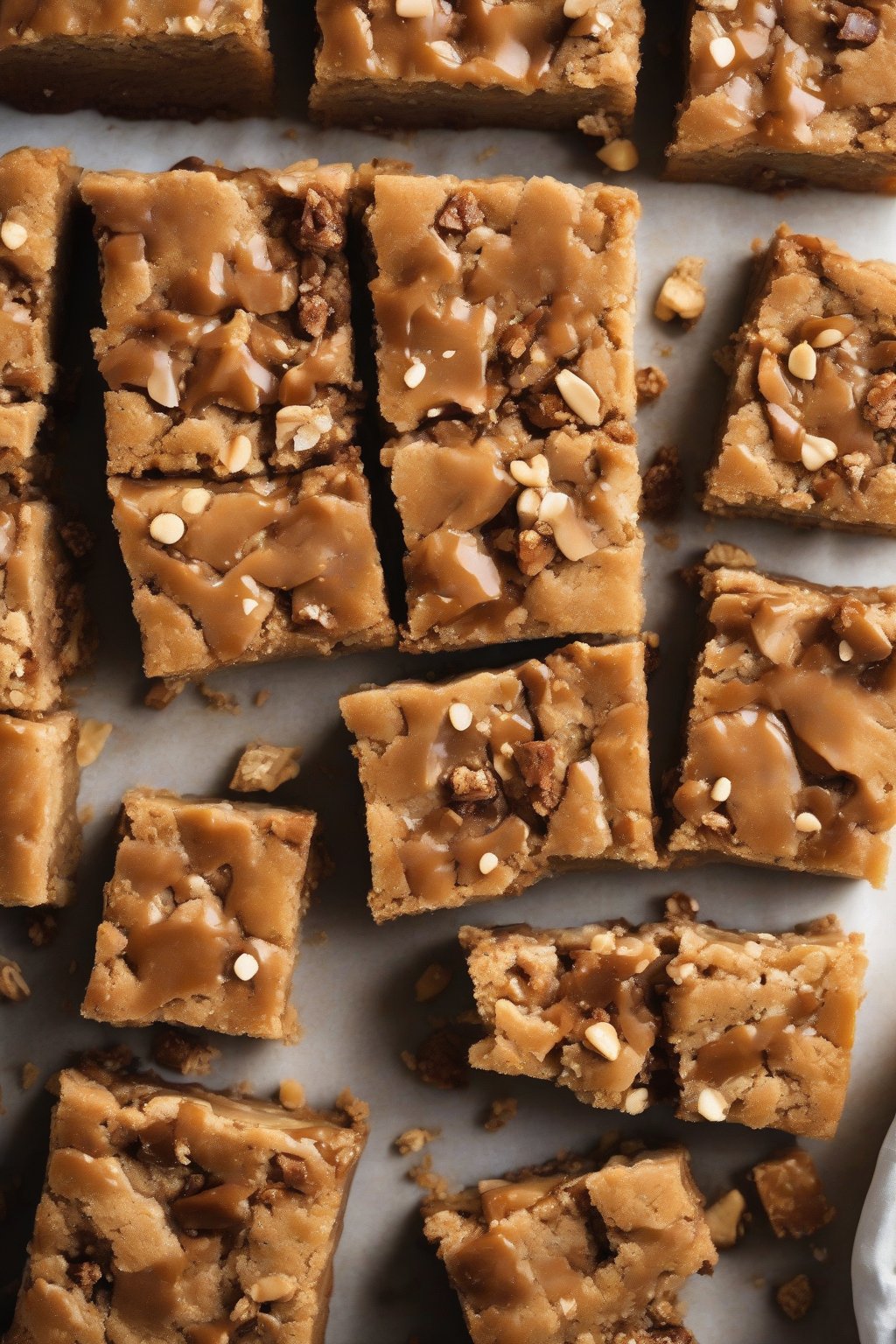 A high-resolution photo of brown butter toffee chewy blondies with nutty golden crumb, bits of toffee visible, under soft lighting.