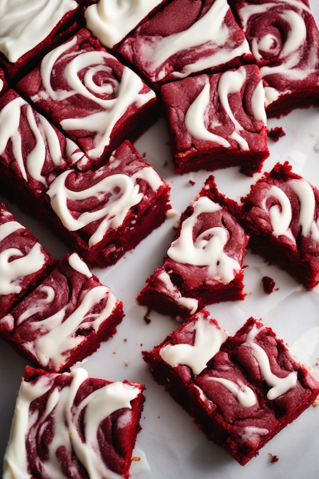 A high-resolution photo of red velvet chewy blondies with rich red centers and white frosting swirl, sliced neatly, under soft lighting.