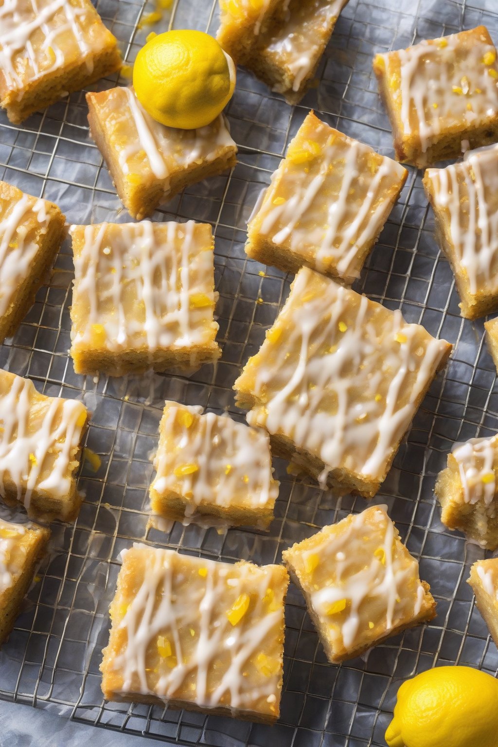 A high-resolution photo of lemon burst chewy blondies glistening with glaze and yellow zest flecks, on a cooling rack, under soft lighting.
