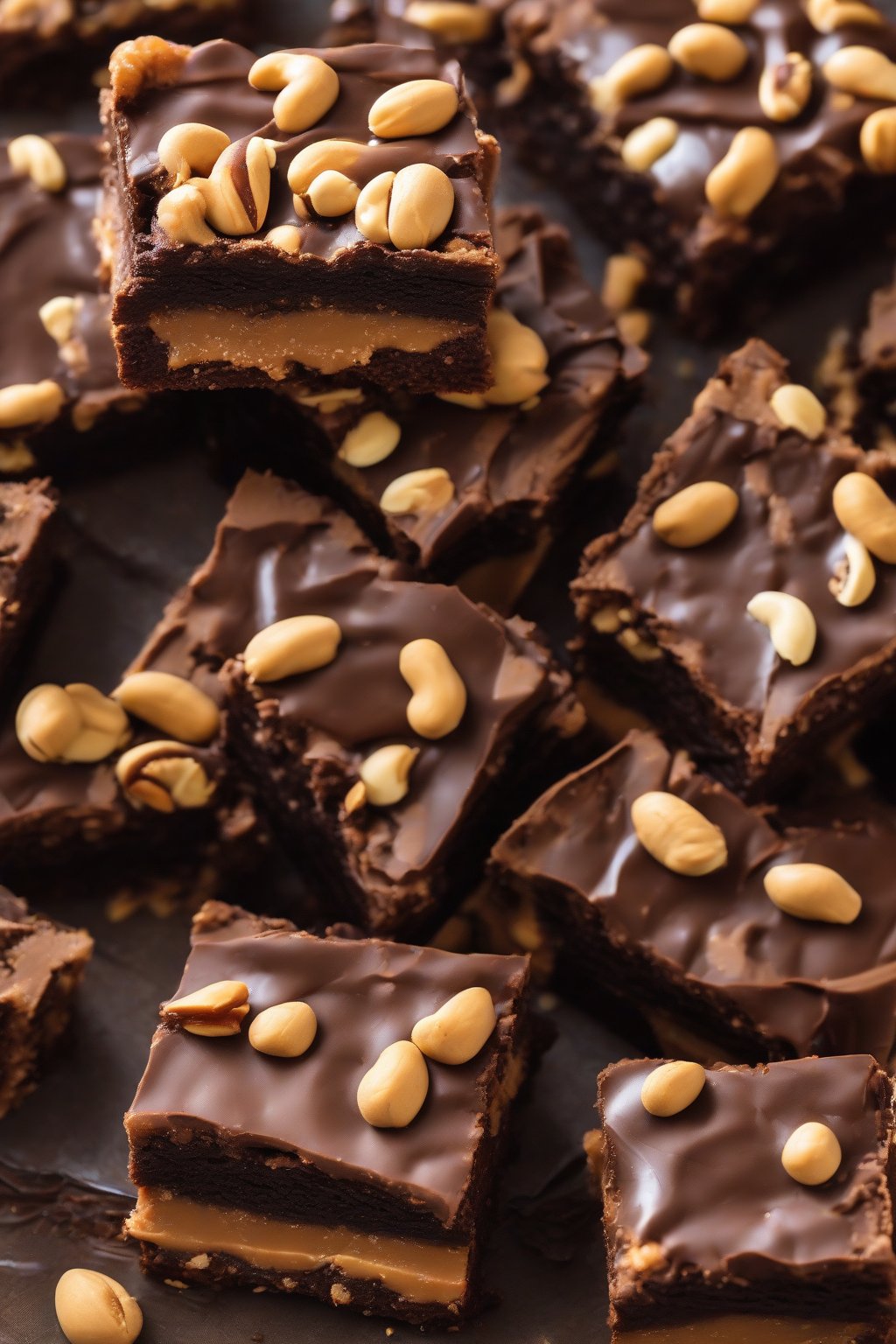 A high-resolution photo of Peanut Butter Fudge Thunder Brownies, thick peanut butter layer sandwiched in fudgy chocolate, peanuts studding the top under soft lighting.