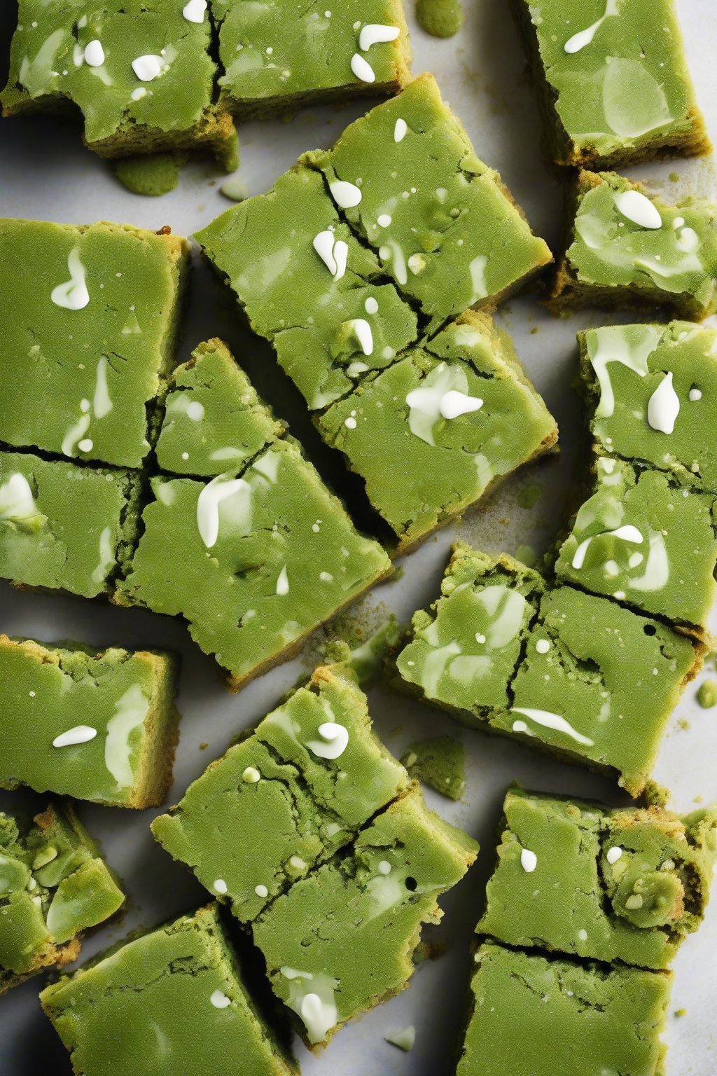 A high-resolution photo of matcha green tea chewy blondies with vibrant green tint and white chip melts, powdered matcha dust, under soft lighting.