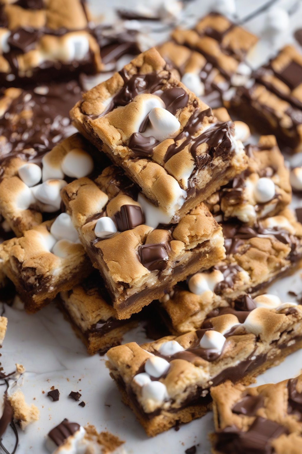 A high-resolution photo of s'mores chewy blondies with toasted marshmallows and chocolate goo, graham speckles, under soft lighting.