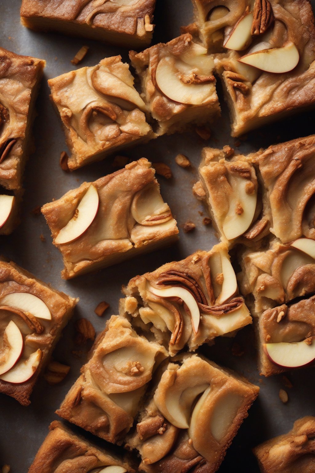 A high-resolution photo of apple cinnamon chewy blondies studded with apple chunks and cinnamon swirls, warm steam rising, under soft lighting.