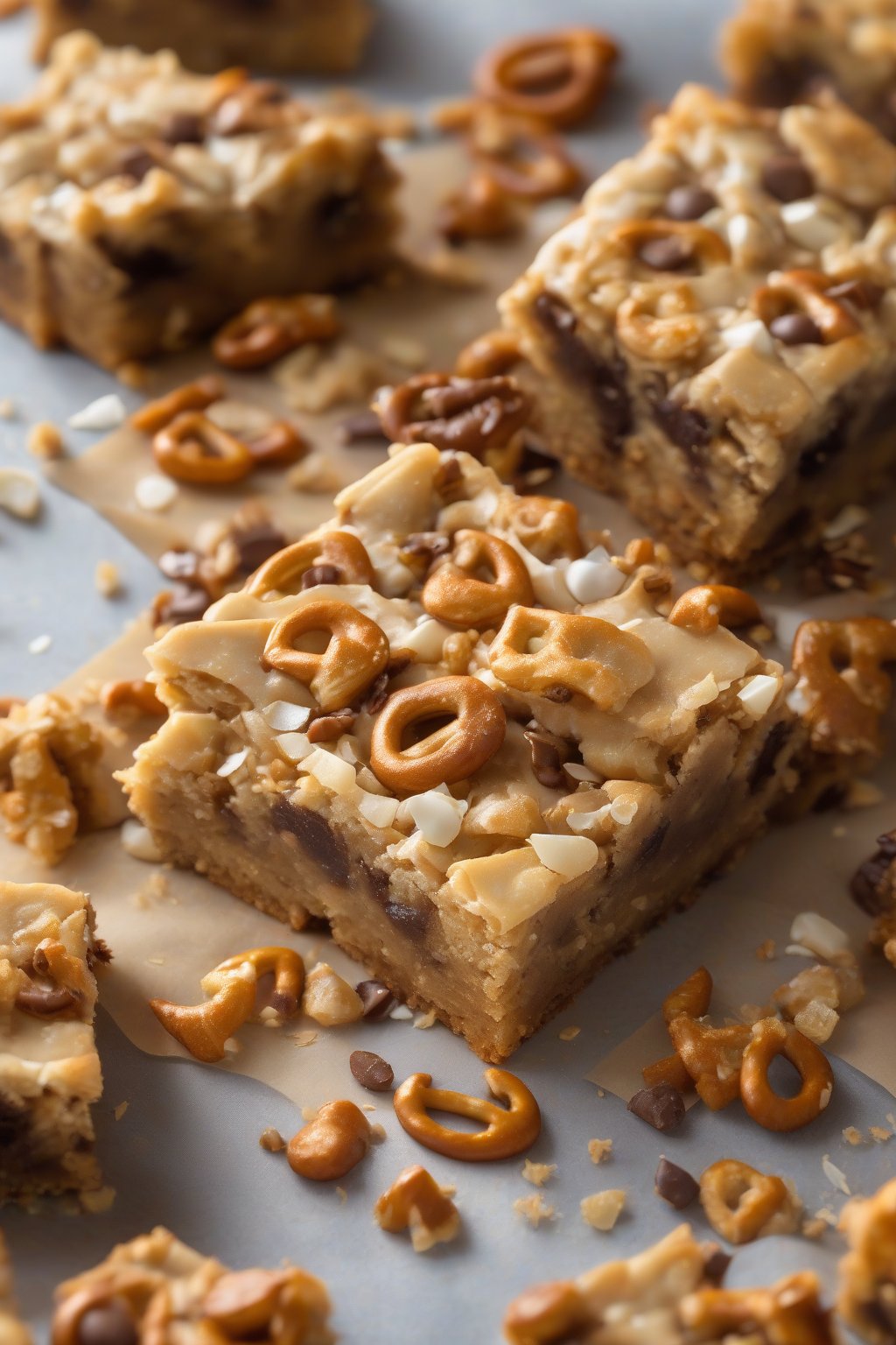 A high-resolution photo of pretzel crunch chewy blondies with salty pretzel bits and melty chips, broken to reveal layers, under soft lighting.