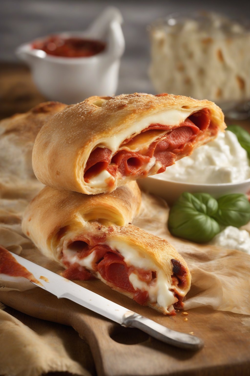 A high-resolution photo of a sliced classic pepperoni and mozzarella stromboli oozing cheese, under soft lighting.