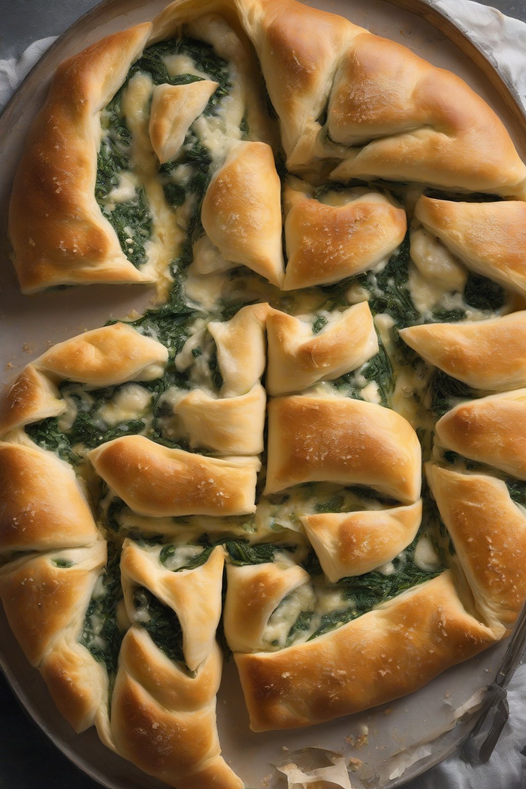 A high-resolution photo of a golden spinach and feta stromboli with steam rising from the slices, under soft lighting.