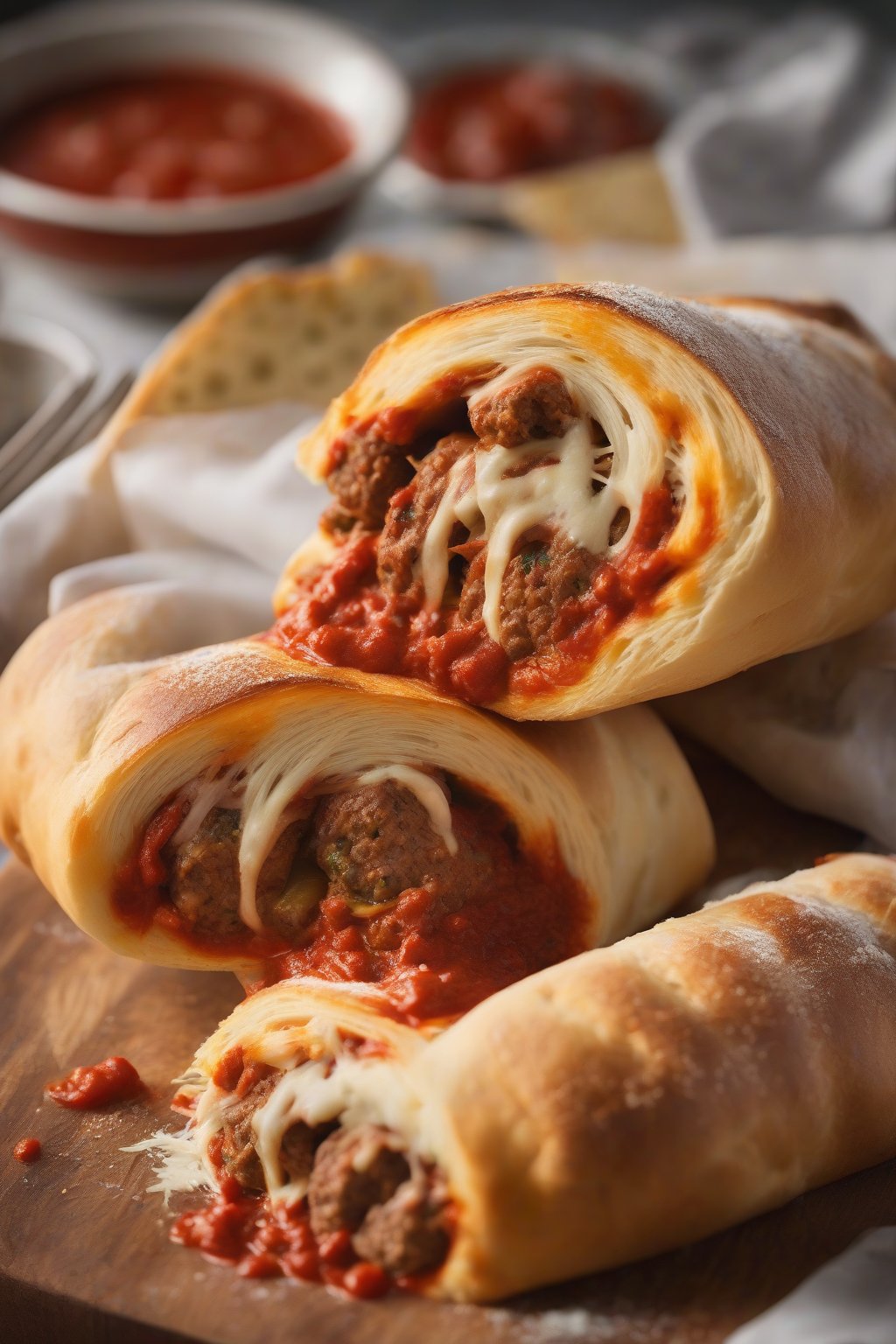 A high-resolution photo of meatball marinara stromboli cut open, revealing juicy meatballs and strings of cheese, under soft lighting.