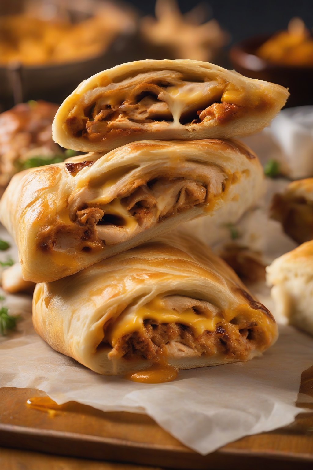 A high-resolution photo of BBQ chicken cheddar stromboli with caramelized edges and melty cheese pull, under soft lighting.
