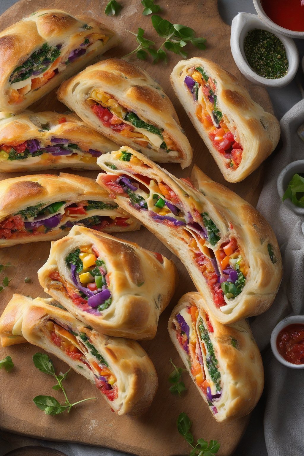 A high-resolution photo of veggie supreme goat cheese stromboli sliced to show colorful fillings and creamy cheese, under soft lighting.