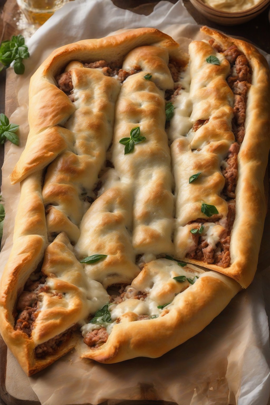 A high-resolution photo of sausage ricotta stromboli with crispy crust and gooey center, under soft lighting.