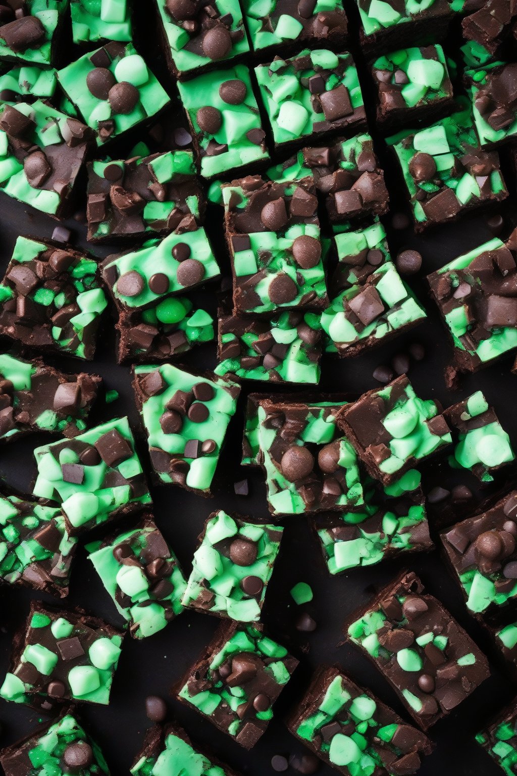 A high-resolution photo of Mint Chocolate Fudge Avalanche Brownies, vibrant green mint chips embedded in dark fudgy squares, dusted with crushed candies under soft lighting.