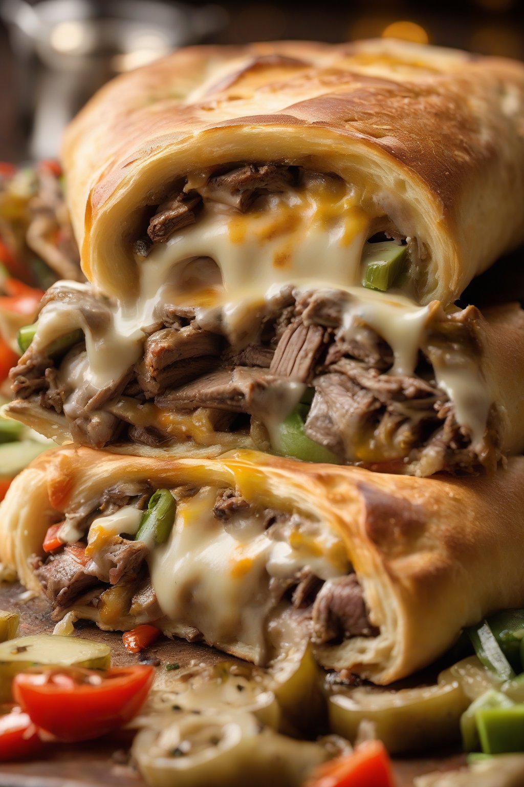 A high-resolution photo of Philly cheesesteak stromboli oozing provolone over steak and veggies, under soft lighting.