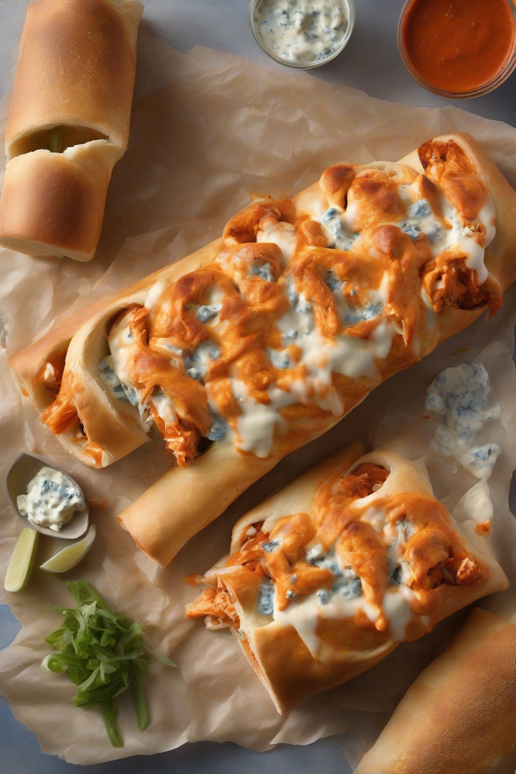 A high-resolution photo of buffalo chicken stromboli with fiery sauce streaks and blue cheese veins, under soft lighting.