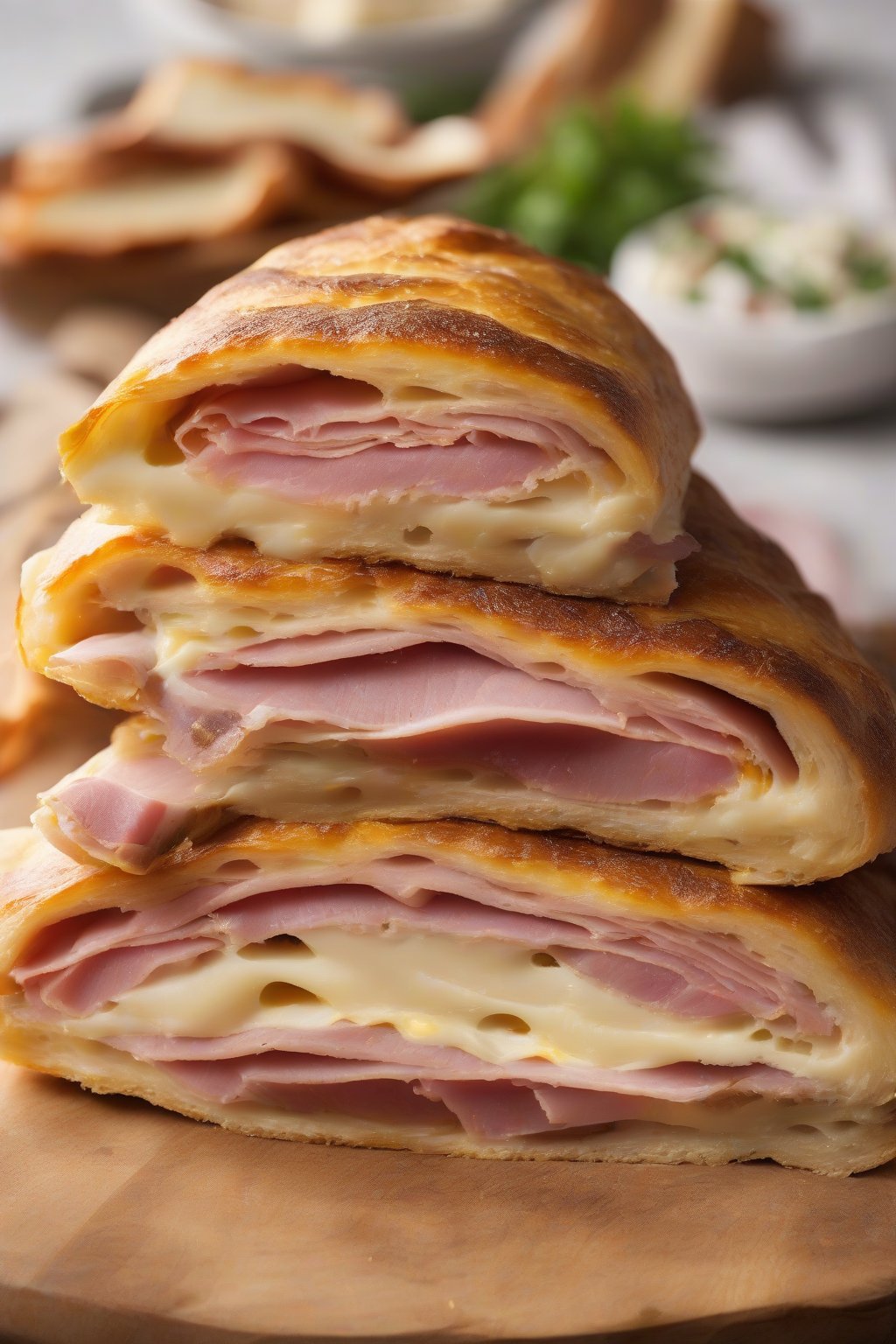 A high-resolution photo of ham and Swiss stromboli sliced, showing layered cheese and ham, under soft lighting.