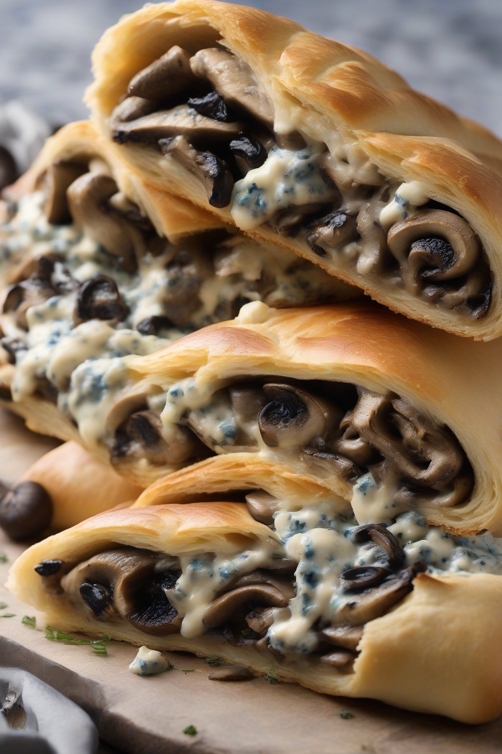 A high-resolution photo of mushroom gorgonzola stromboli with dark, glossy mushrooms and blue cheese melt, under soft lighting.
