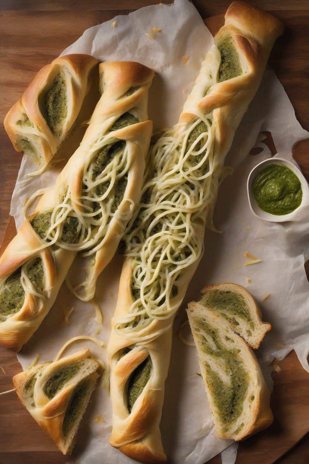 A high-resolution photo of pesto provolone stromboli with green pesto swirls and cheese strings, under soft lighting.
