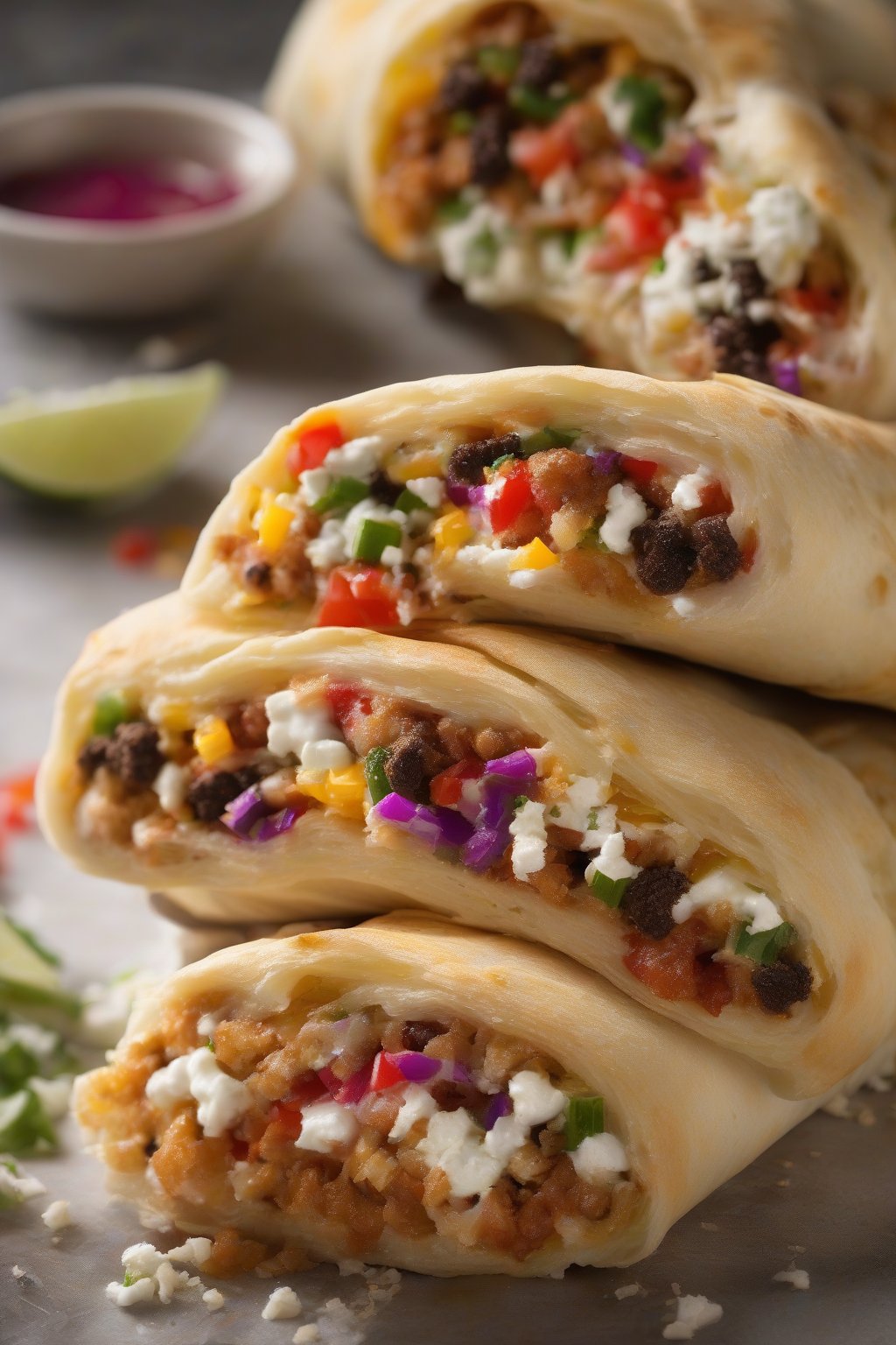 A high-resolution photo of taco stromboli bursting with colorful fillings and crumbly queso fresco, under soft lighting.