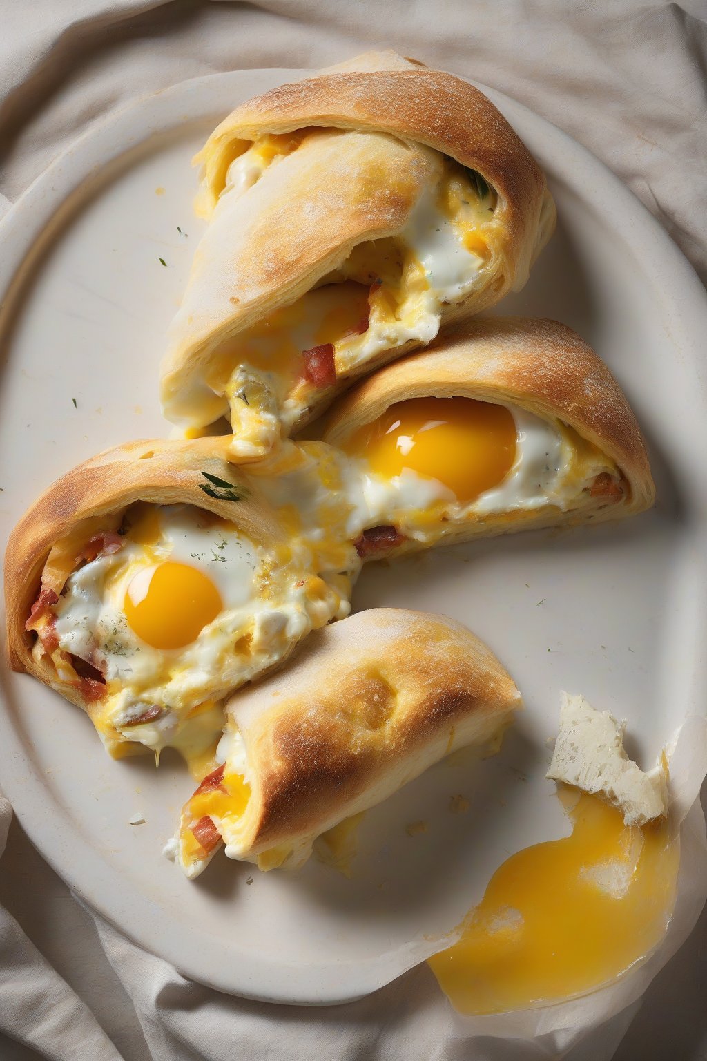 A high-resolution photo of breakfast stromboli sliced open with fluffy eggs and melted cheese, under soft lighting.