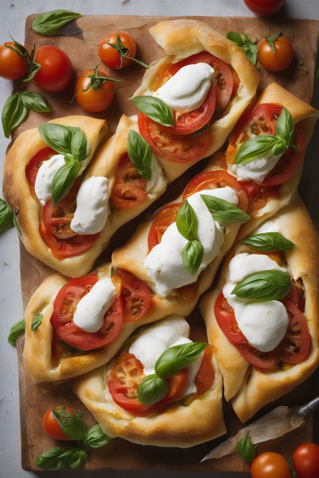 A high-resolution photo of caprese stromboli with juicy tomatoes and creamy burrata oozing out, under soft lighting.