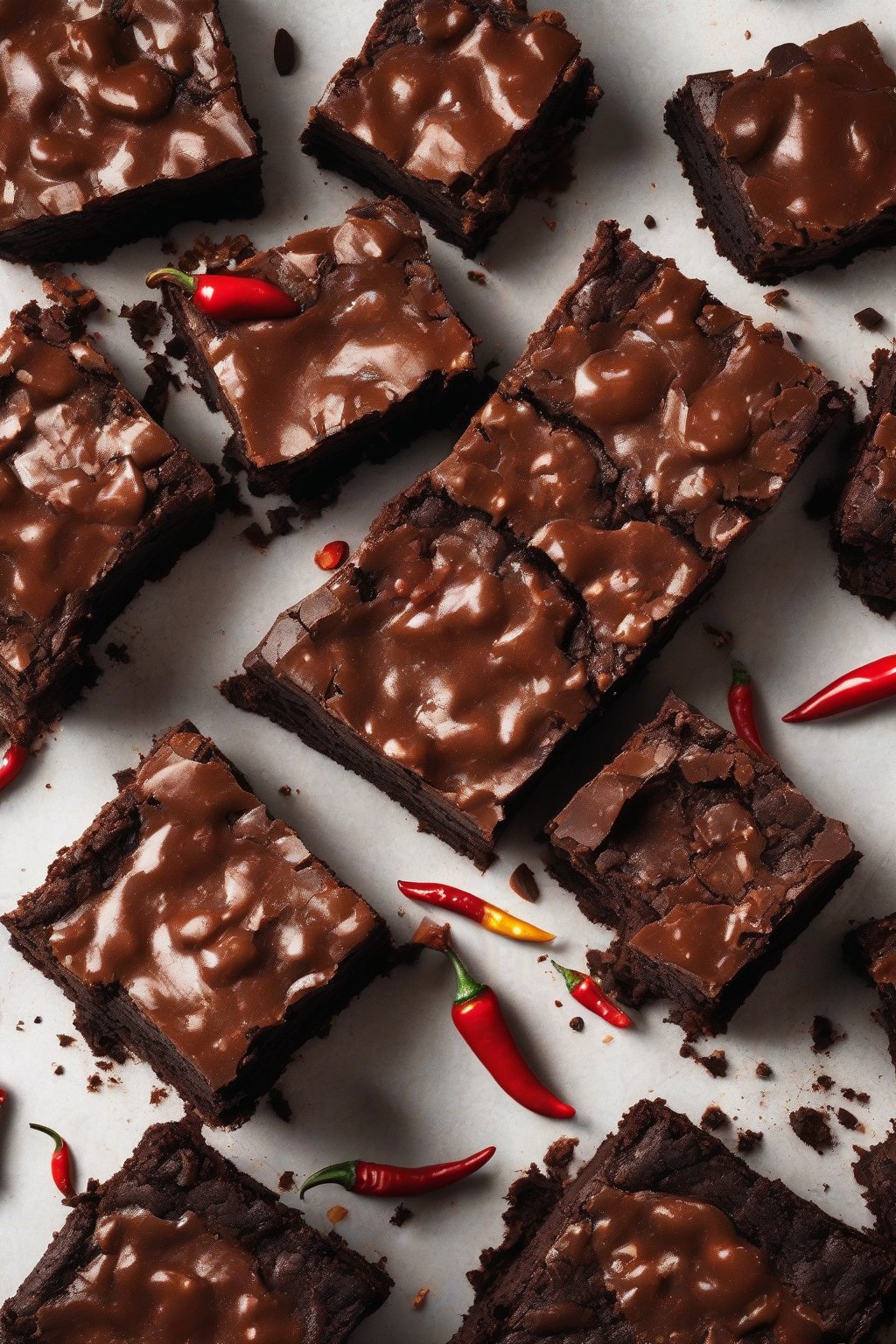 A high-resolution photo of Spicy Chili Fudge Inferno Brownies, cracked top revealing molten chili-flecked fudge interior under soft lighting.