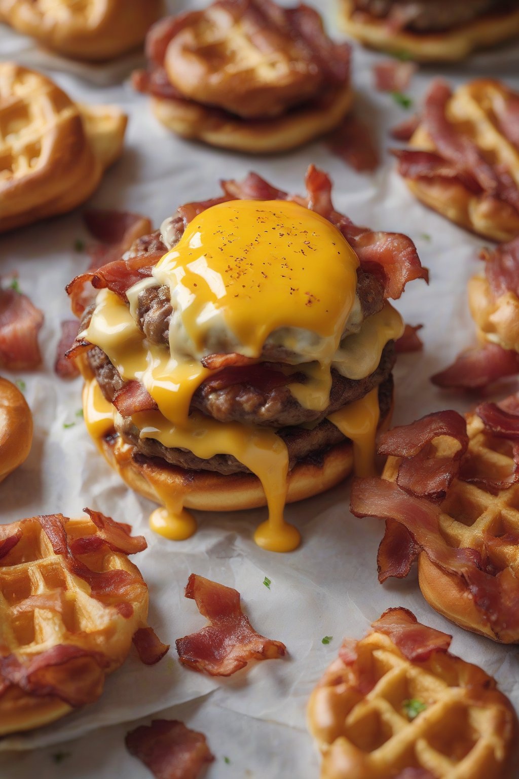 A close-up photo of a bacon cheeseburger chaffle bun holding a juicy patty with cheese dripping, under soft lighting.