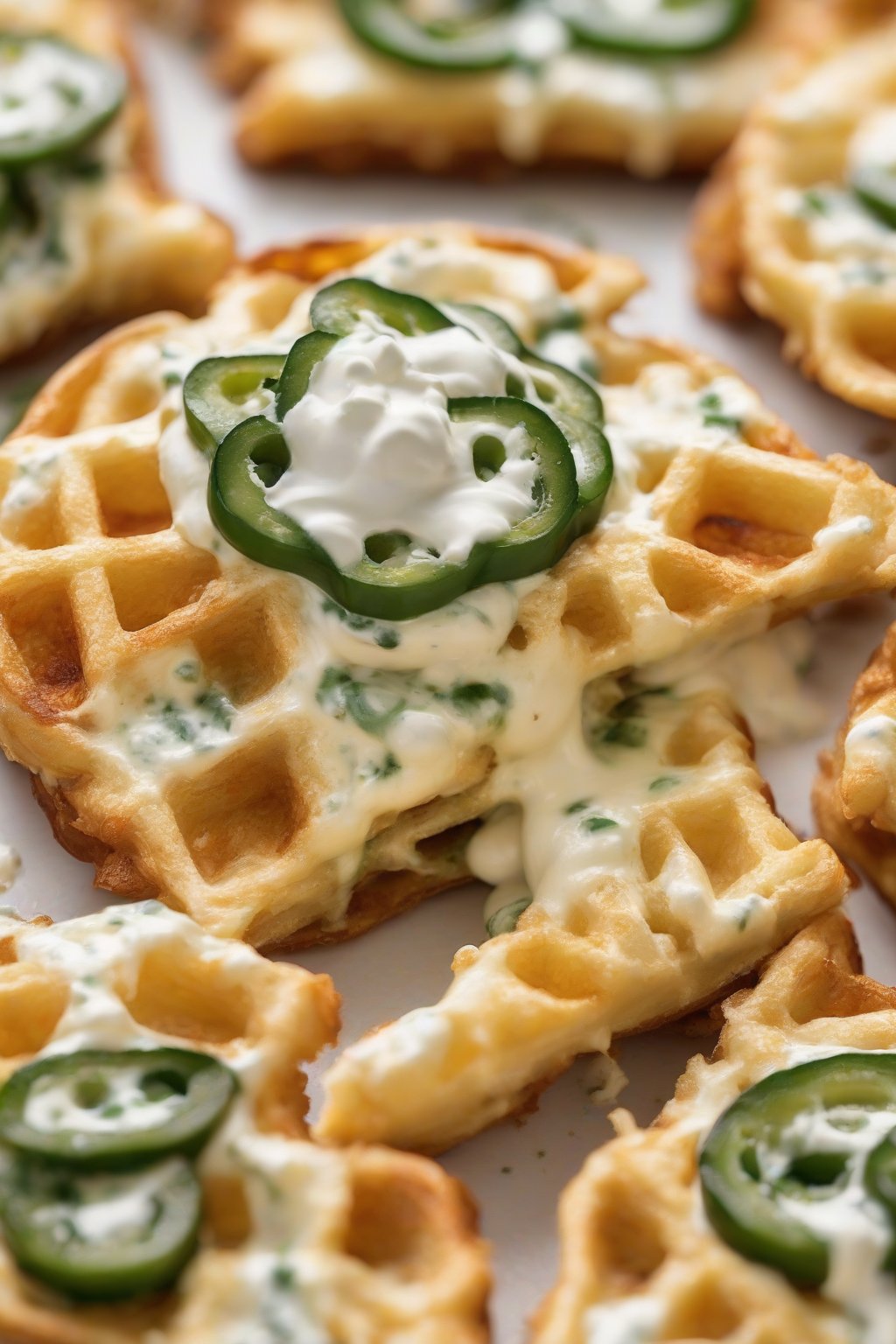 A close-up photo of a jalapeño popper chaffle oozing cream cheese with green flecks, under soft lighting.