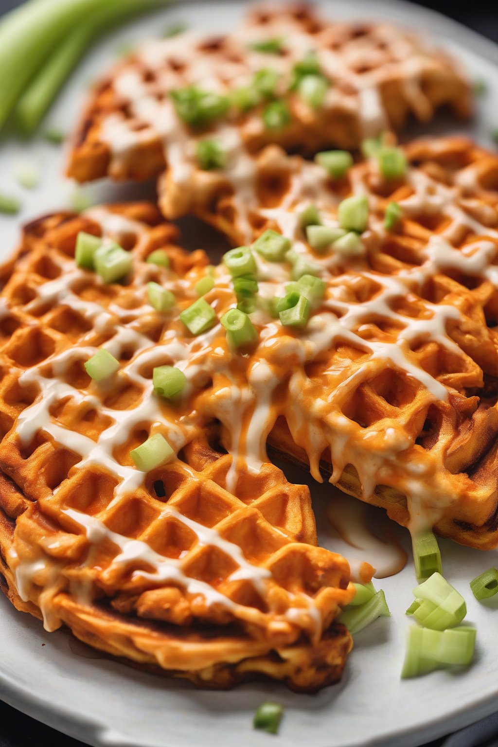 A close-up photo of a buffalo chicken chaffle drizzled with sauce and celery bits, under soft lighting.