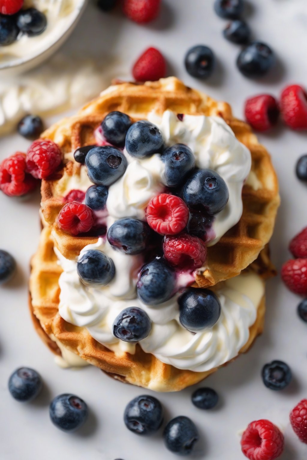 A close-up photo of a blueberry cheesecake chaffle topped with berries and cream, under soft lighting.
