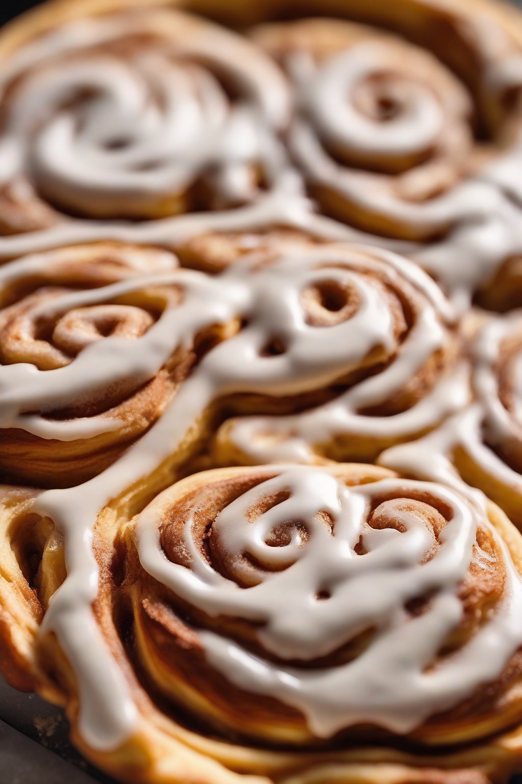 A close-up photo of a cinnamon roll chaffle swirled with icing and cinnamon dust, under soft lighting.