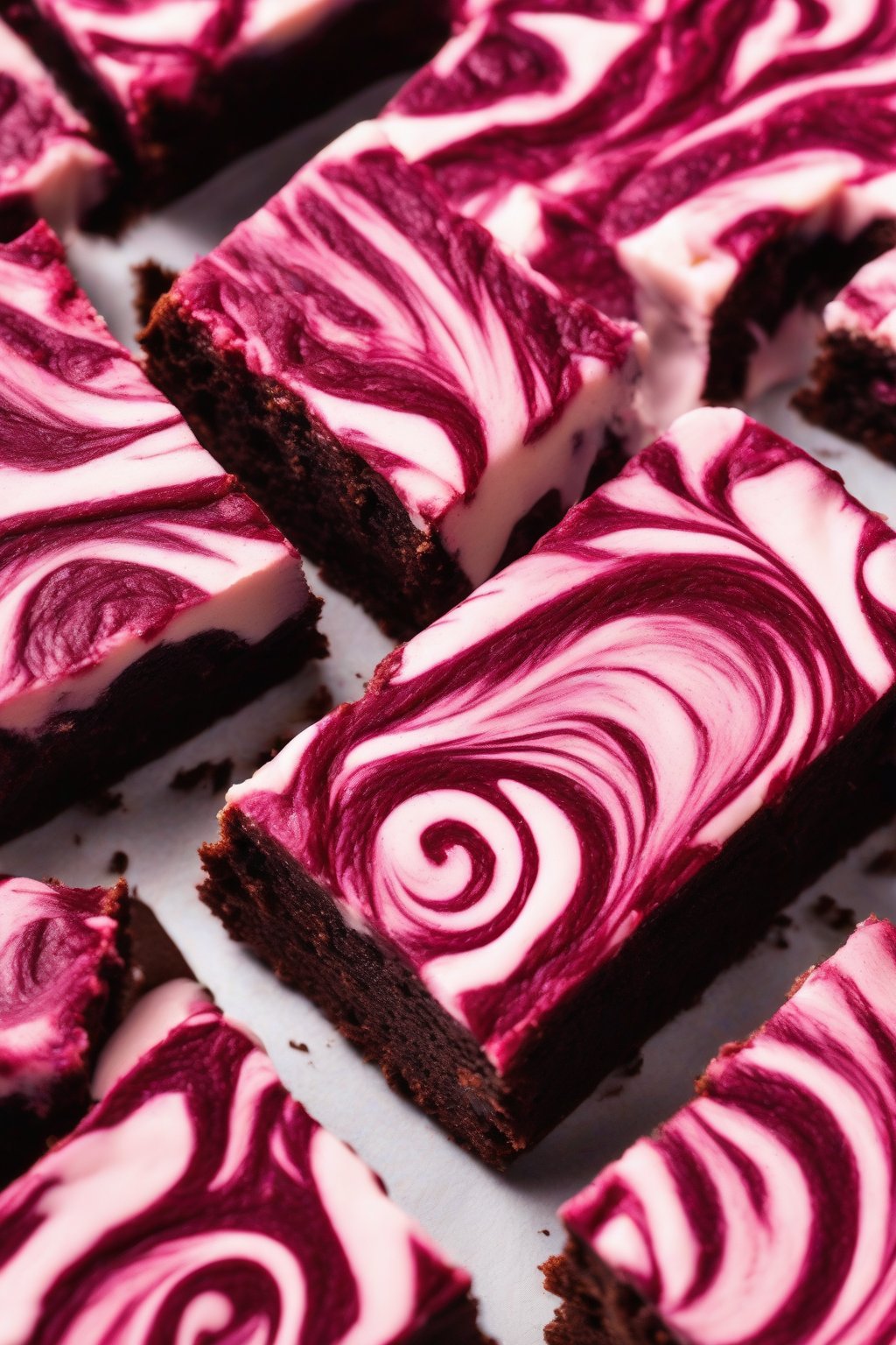 A high-resolution photo of Raspberry Fudge Ripple Brownies, red raspberry swirls bleeding into glossy fudgy chocolate under soft lighting.