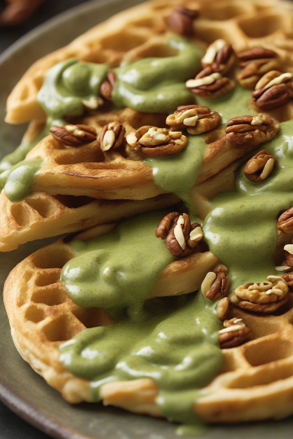 A close-up photo of a pesto chaffle swirled with green sauce and nuts, under soft lighting.