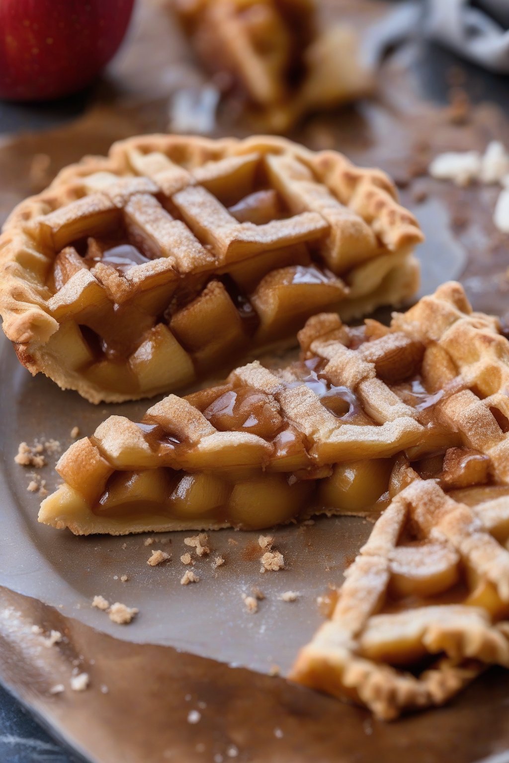 A close-up photo of an apple pie chaffle with cinnamon "apples" and crumbly top, under soft lighting.