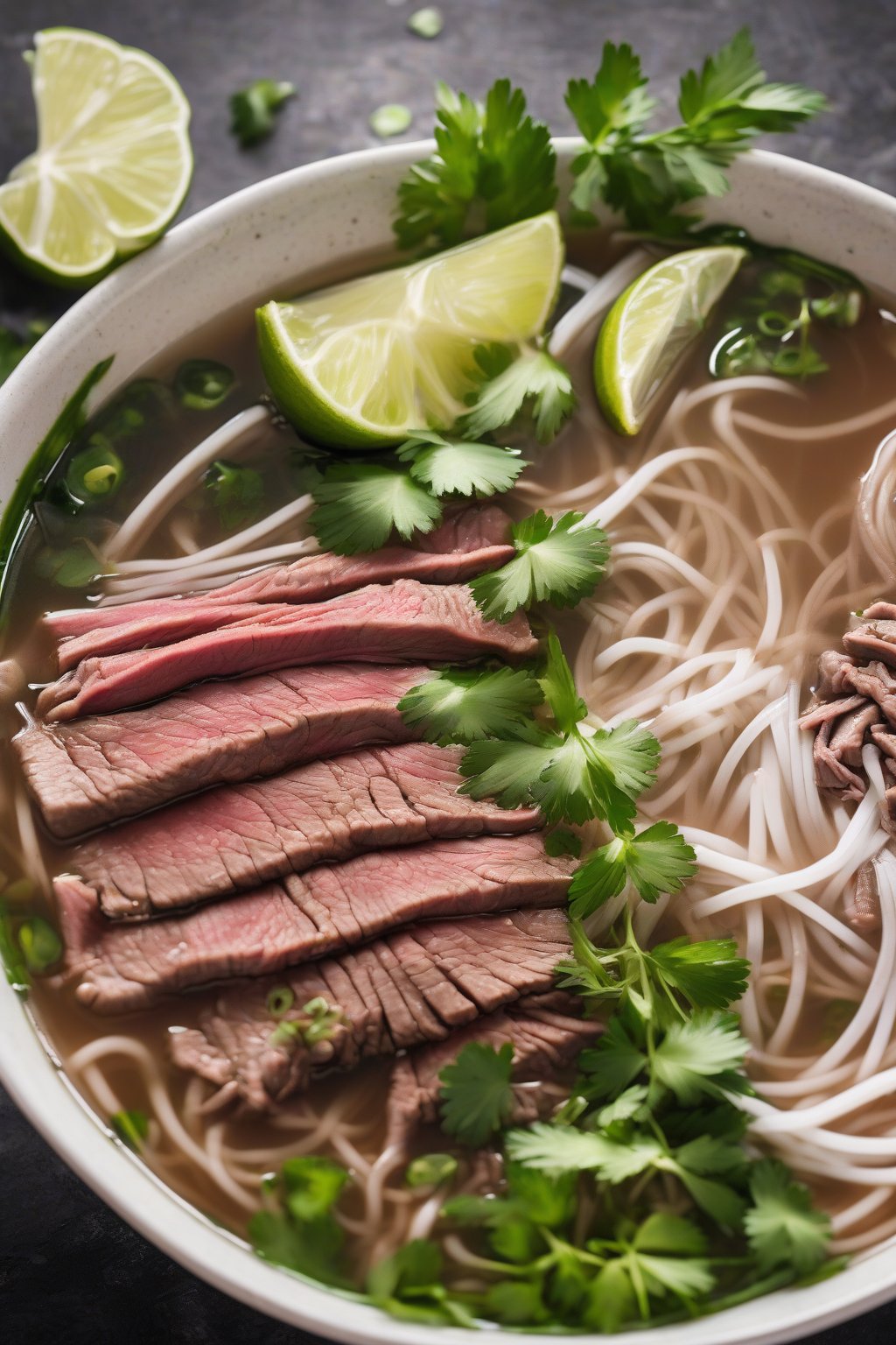 A high-resolution photo of a steaming bowl of classic beef pho with sliced meat, fresh herbs, and lime wedges under soft lighting.