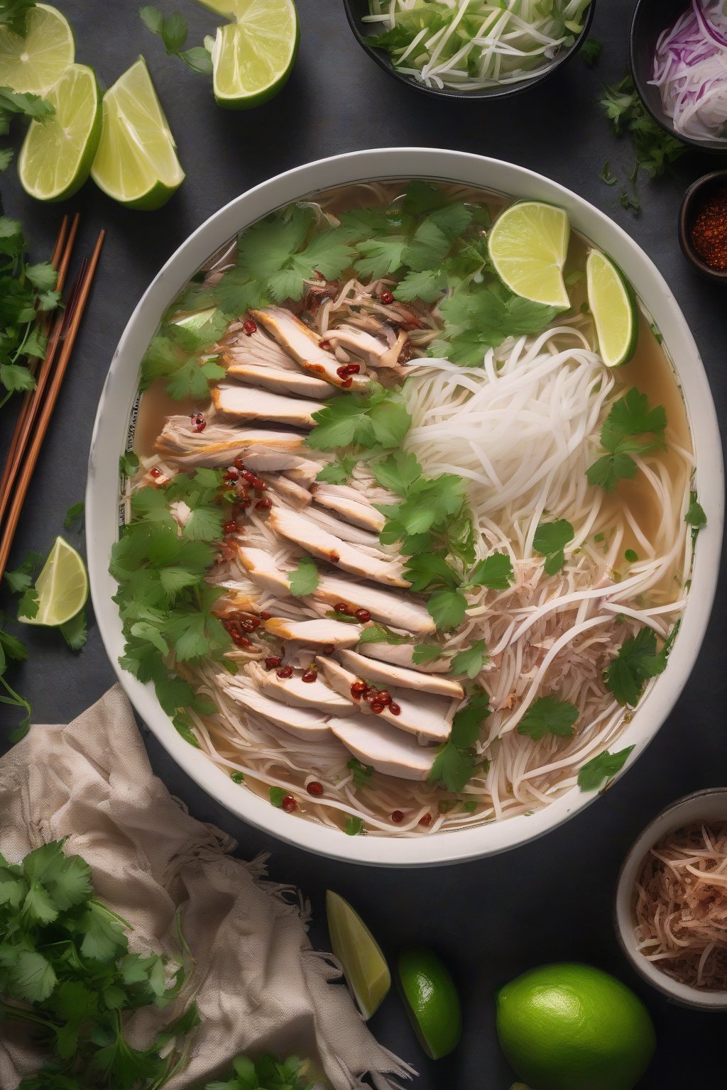 A high-resolution photo of chicken pho garnished with shredded meat, lime slices, and vibrant herbs under soft lighting.