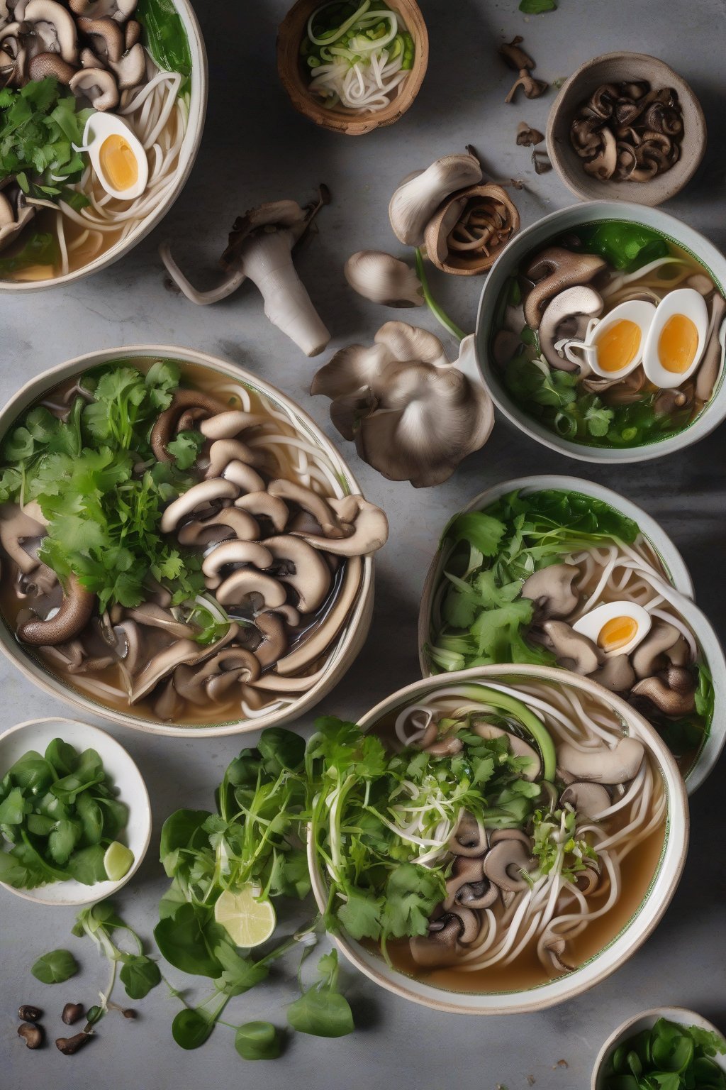 A high-resolution photo of vegetarian mushroom pho with sliced mushrooms, greens, and sprouts under soft lighting.