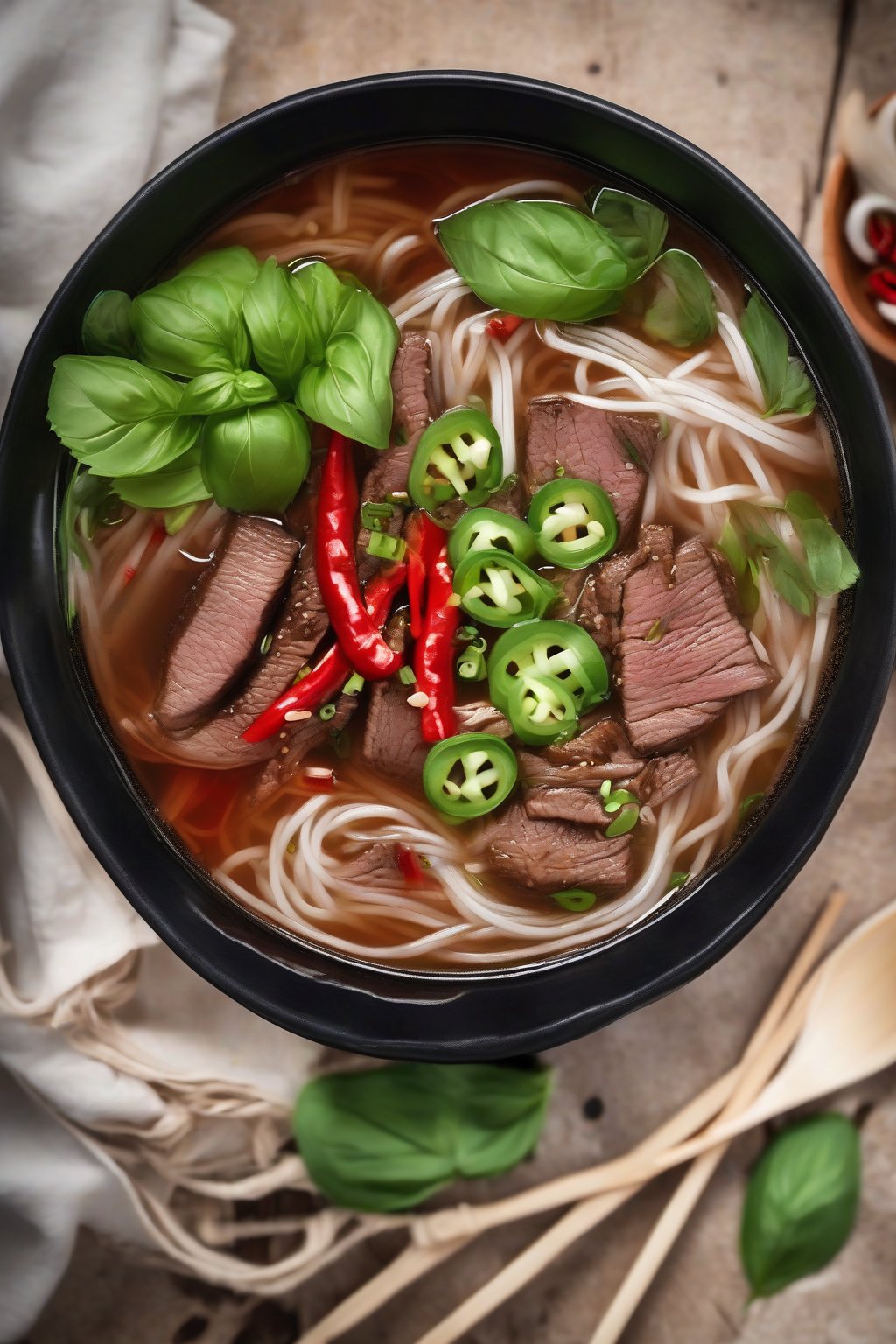 A high-resolution photo of spicy sriracha beef pho with red chili flecks and fresh basil under soft lighting.