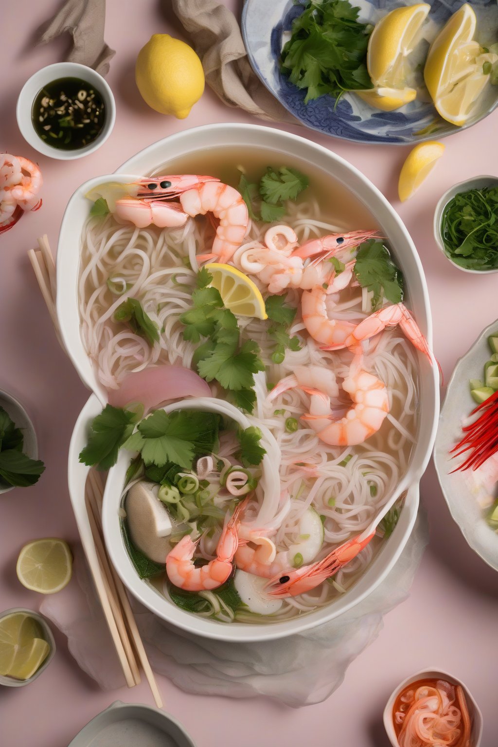 A high-resolution photo of seafood pho featuring pink shrimp, squid, and lemon grass under soft lighting.