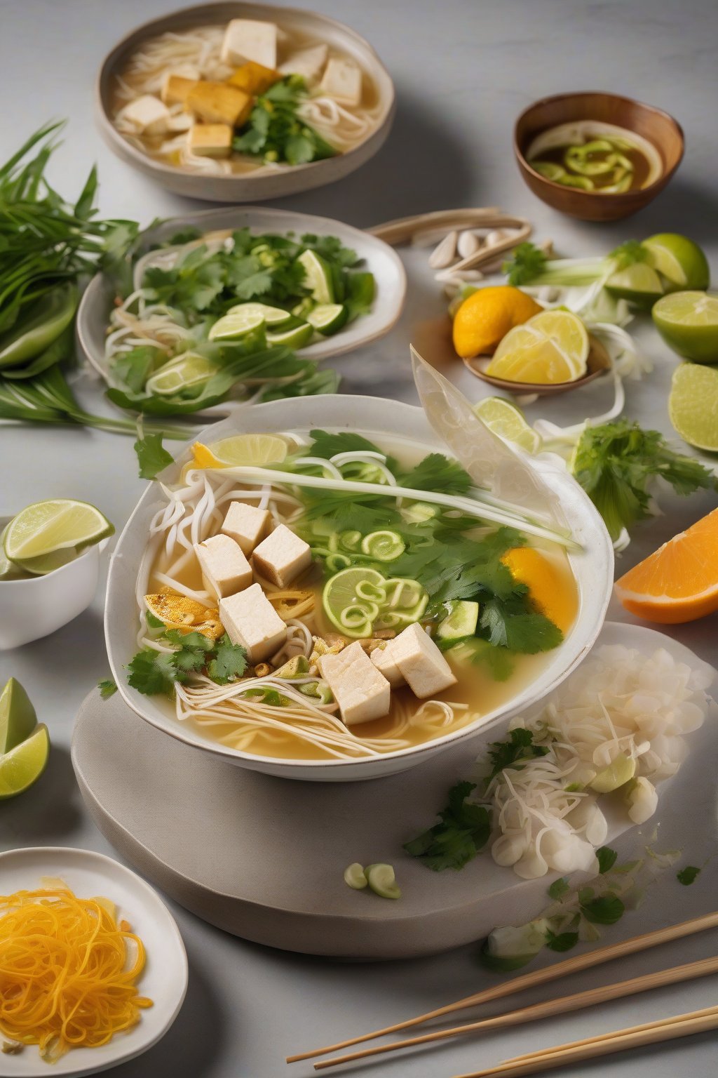 A high-resolution photo of lemongrass tofu pho with golden tofu cubes and citrus garnishes under soft lighting.