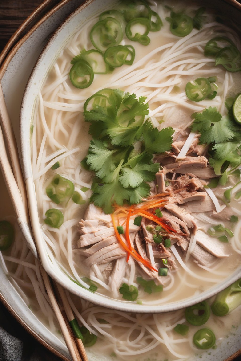 A high-resolution photo of coconut chicken pho with creamy broth and shredded meat under soft lighting.