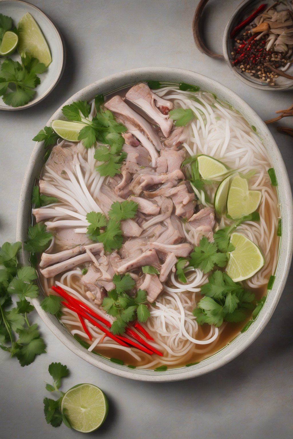 A high-resolution photo of pork bone pho with tender slices and aromatic spices under soft lighting.