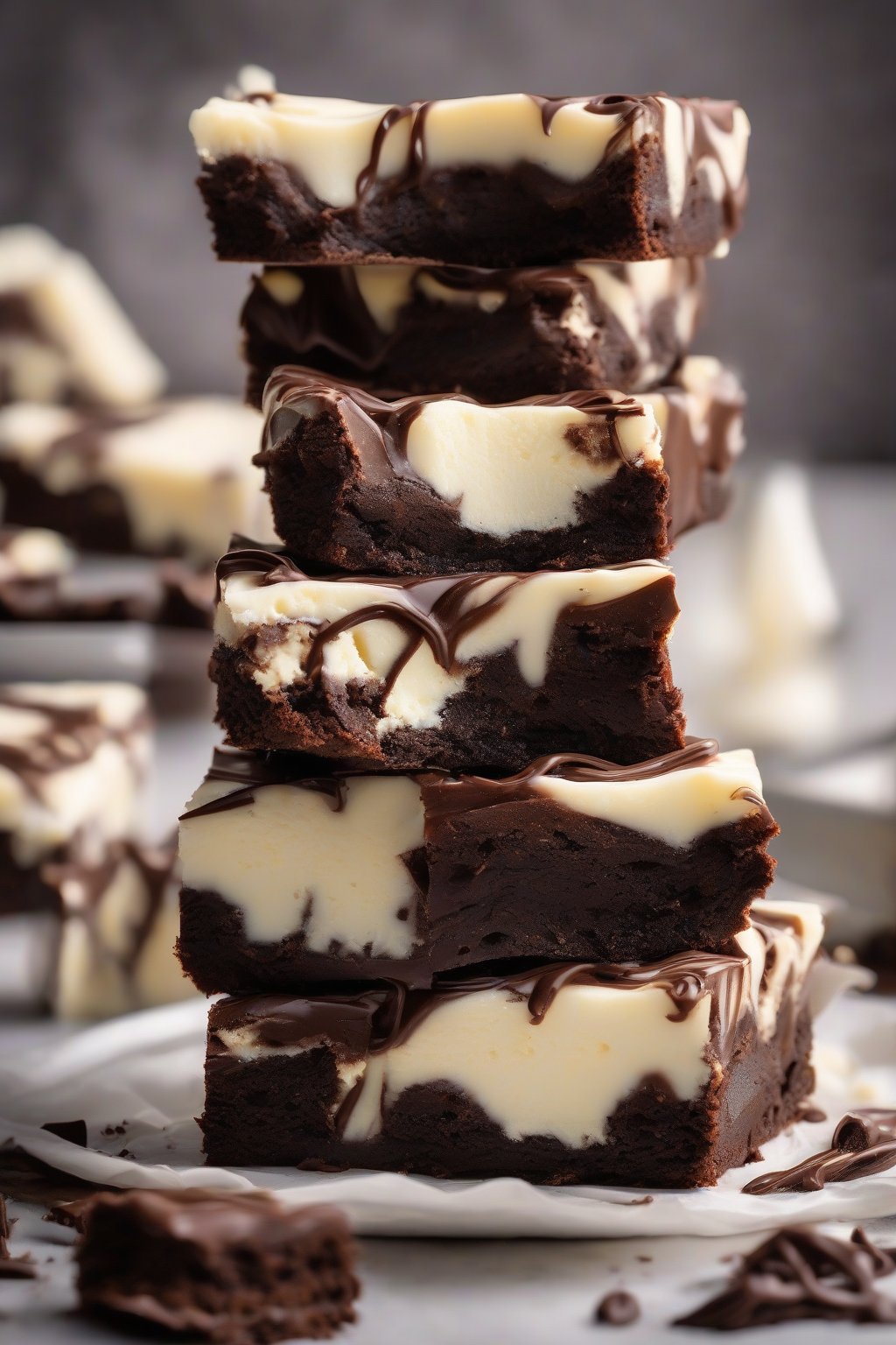 A high-resolution photo of Cheesecake Swirl Fudge Dream Brownies, white cheesecake ribbons weaving through deep chocolate fudge under soft lighting.