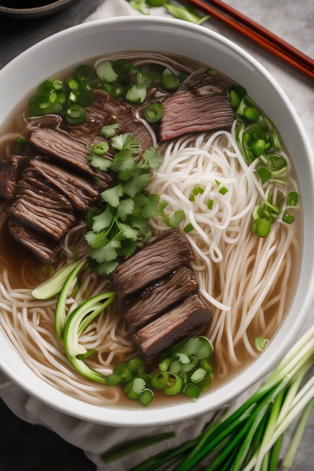 A high-resolution photo of short rib pho with glossy meat strands and green onions under soft lighting.