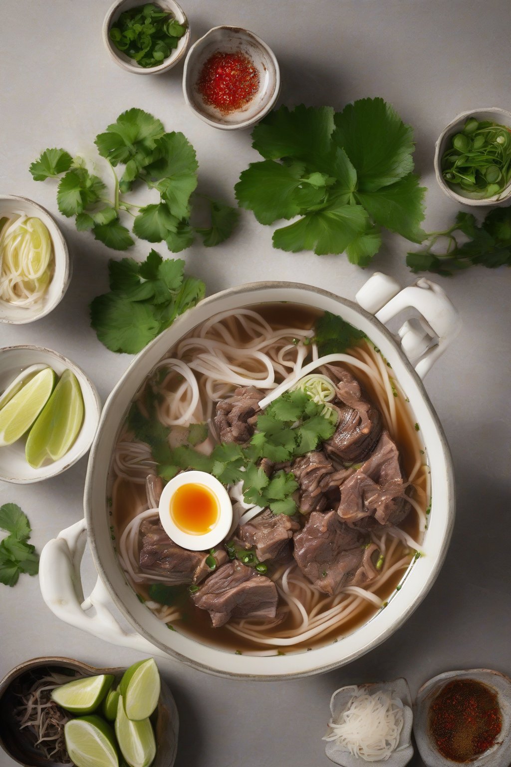 A high-resolution photo of oxtail pho with tender meat pieces and spice-flecked broth under soft lighting.