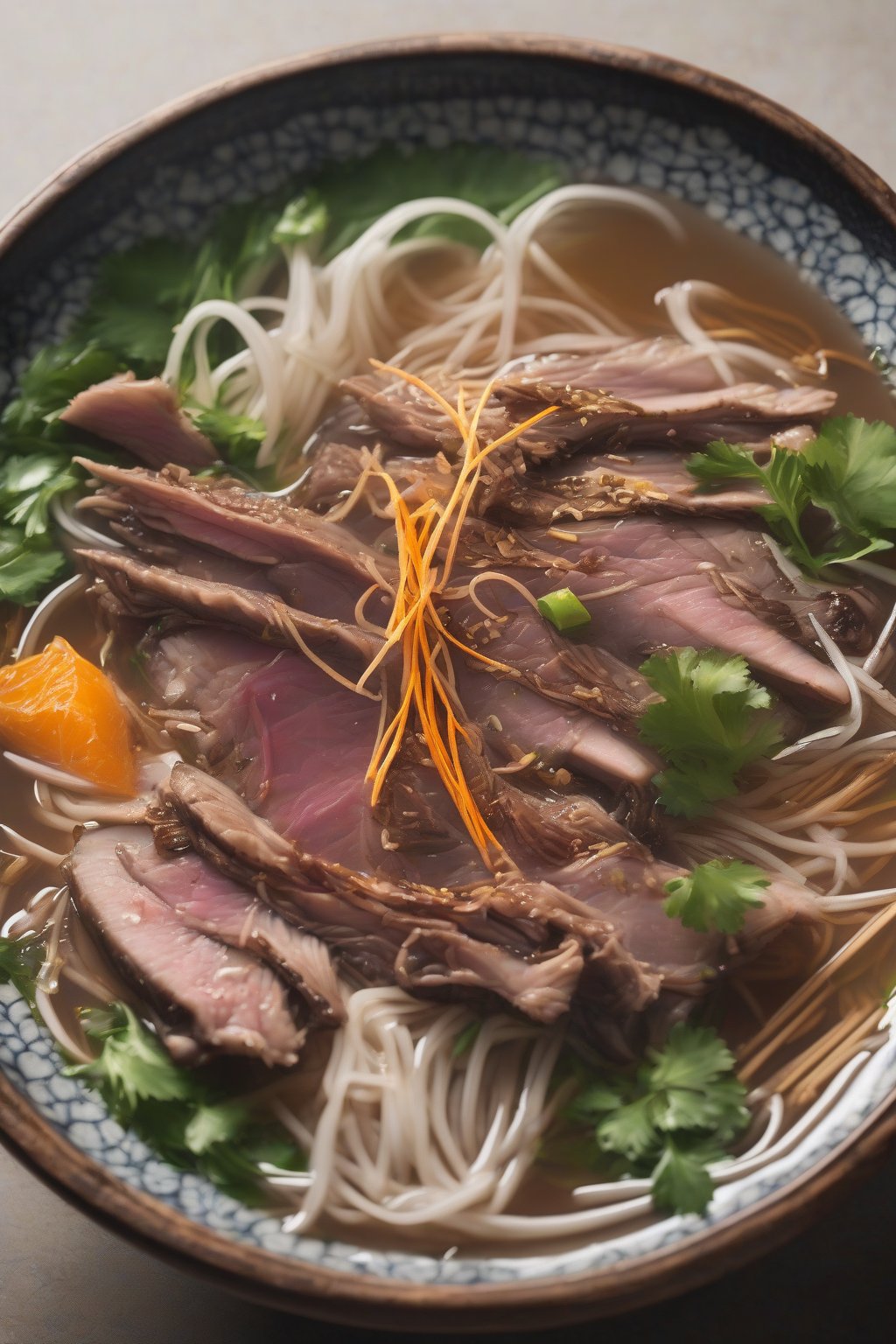 A high-resolution photo of duck pho showcasing crispy skin bits and orange zest under soft lighting.