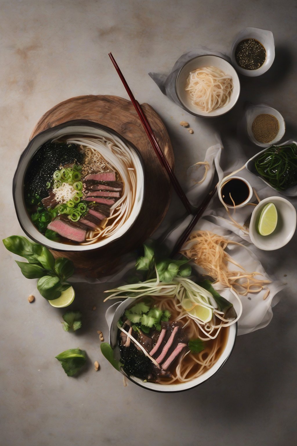 A high-resolution photo of miso beef pho with nori strips and sesame seeds under soft lighting.