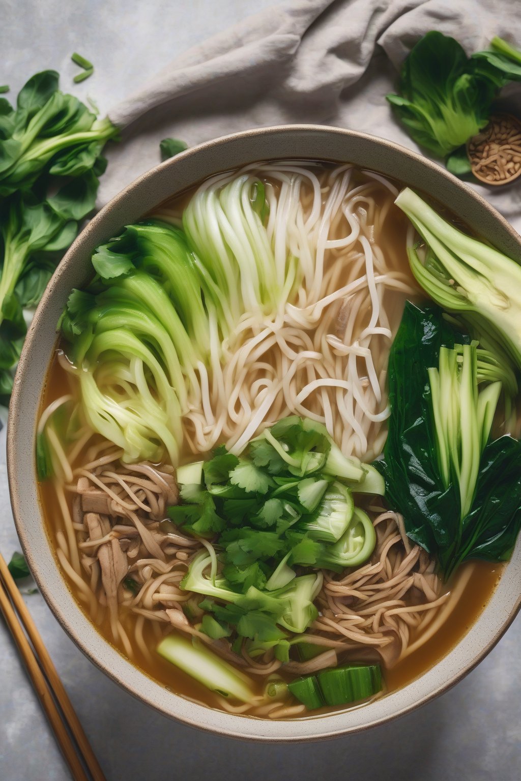 A high-resolution photo of vegan jackfruit pho with pulled texture and bok choy under soft lighting.